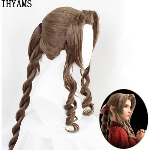 Final Fantasy VII Aerith Gainsborough Cosplay Wigs Brown Long Curly Cosplay Wig Heat Resistant Synthetic Hair Peruca + Wig Cap