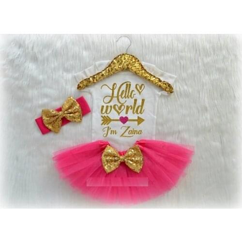 Custom name Hello World Baby Girl Welcome Home Newborn infant bodysuit bloomer romper Outfit Sets baby shower party favors