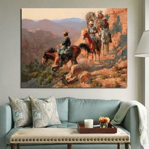 Cowboy Riding Horse Western Landscape Art Canvas Poster Painting Oil Wall Picture Print Modern Home Bedroom Decoration Artwork