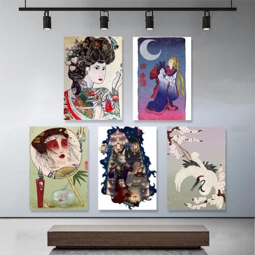 Japanese Crane Geisha Tradition Canvas Painting Posters and Prints Vintage Wisp Wall Art Exhibition Pictures Home Decor Cuadros