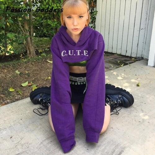 Street Women Purple Sweatsuits Hoodies Letter Printed Short Pullovers Loose Sweatshirts Oversized Long Sleeve Crop Top Hoodie