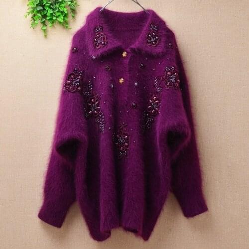 Ladies women vintage purple hairy angora rabbit hair knitted long batwing sleeves loose turn-down neck pullover jumper sweater