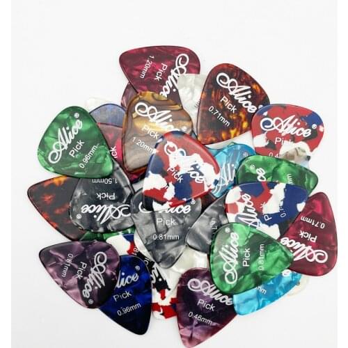 100pcs Alice Celluloid Guitar Picks Bass Long Life Mediator Druable Material Thickness .46 .71 .81 .96 1.2 1.5 mm