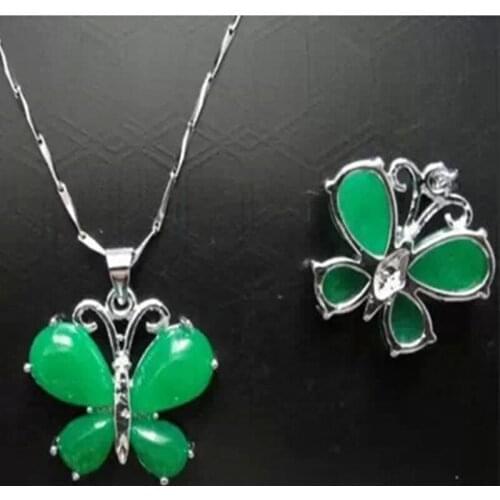 2pcs/lot Silver Plated Green Pendant Lucky Butterfly Pendant & Chain Necklace Gift For Fashion Girls Stone Jewelry