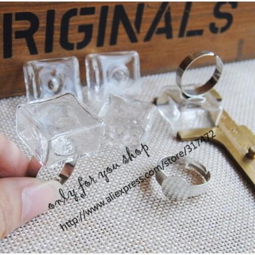 5sets Cubic Glass vial pendant glass bubble & white k metal ring DIY glass liquid vial rings