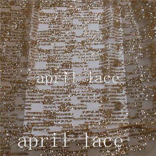 Ap21002 # 5yards champagne gold small stripe design glued glitter net tulle mesh sugar lace for wedding/party/lady dress