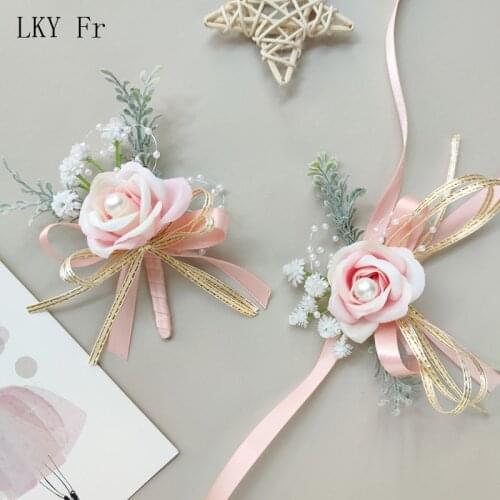 LKY Fr Boutonniere Pins White Wedding Corsage Bracelet Bridesmaid Men Suit Buttonhole Accessories Brooch Flowers Artificial Rose