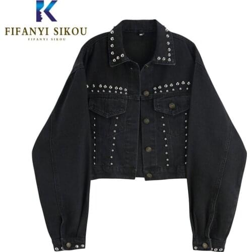 Black Denim Jacket Women Short Jeans Coat Fashion Beaded Long sleeve Jeans Jacket Female Loose Vintage High waist Denim Coat