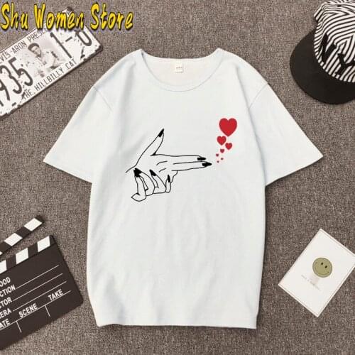 Hand Gun Korean Finger Heart K-pop T-shirt Aesthetic Summer Short Sleeve Feminist Tshirt Funny Women Graphic Valentines Tee Top