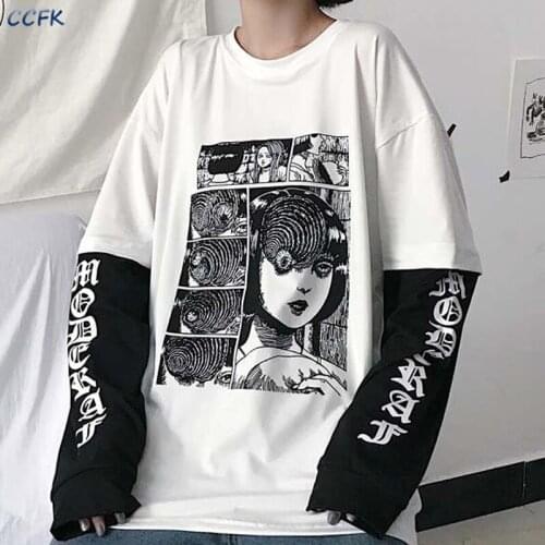 Harajuku T-shirt Women Japanese Fujiang Horror Comics Long Sleeve Shirt Fake 2 Pieces Print Top Hip Hop Streetwear Emo Clothes