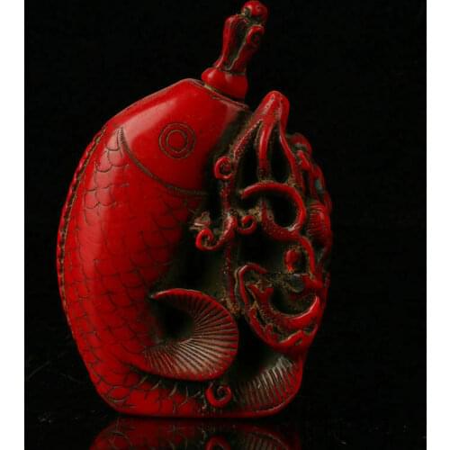 Collectible China Handwork Old Coral Carve Fish & Lotus Auspicious Snuff Bottle