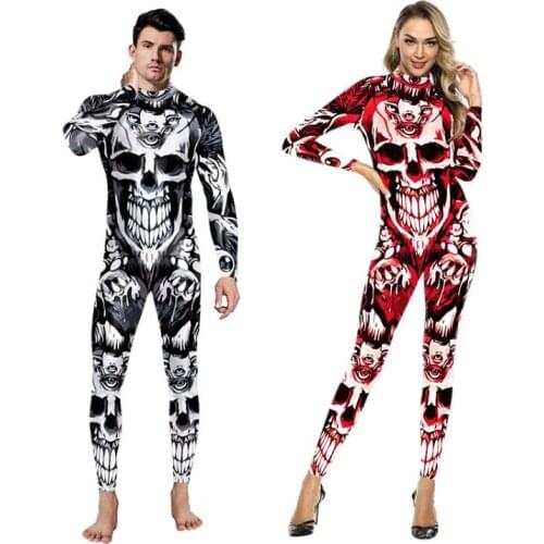 Ghost Skeleton Printed Jumpsuits Purim Carnival Cosplay Costume for Women Men Halloween Bodysuits Elastic Fitness Romper Outfit