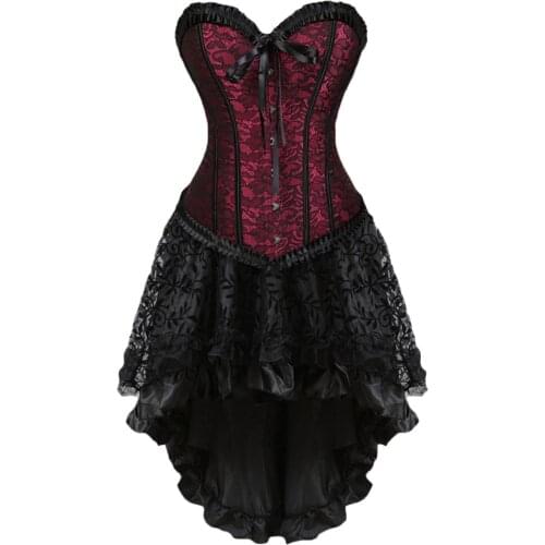 Plus Size Ruffled Floral Lace Up Corset Dress Gothic Vintage Overbust Corset With Skirt Set S-6XL