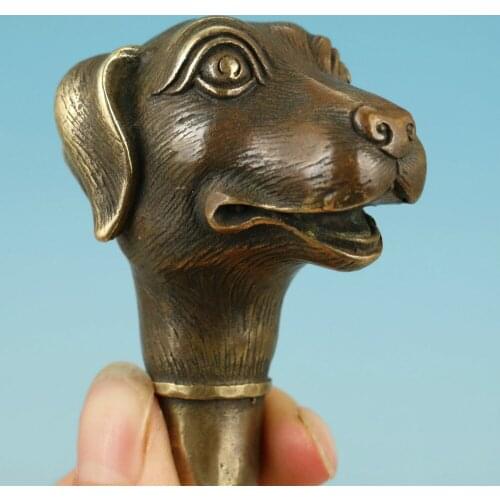 Brass old Grandpa Good Lucky Walking Stick Head Handmade Carved Dog Collect Statue Walking Stick Head Crafts Arts statues