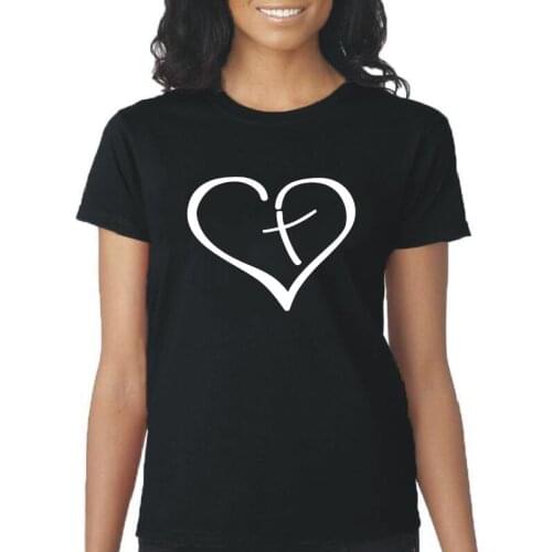 Fashion Jesus Cross Print Women Tshirt Love Heart Faithful Graphic Shirt Tee Shirt Femme Harajuku Christian T-shirt Women Tops