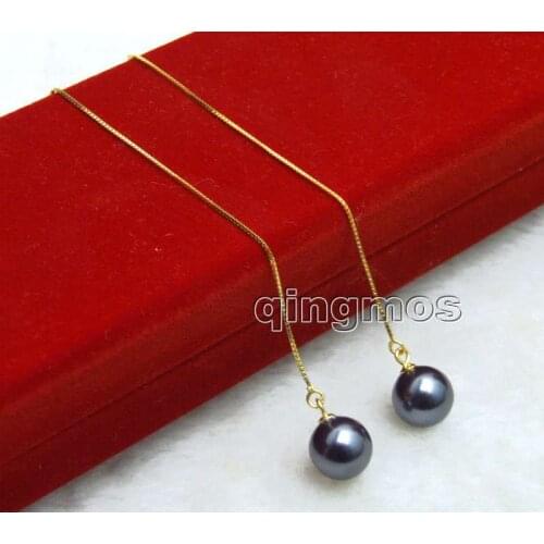 Fashion Big 10mm Black Round Sea shell pearl and Gold-Color sterling silver s925 Ear Line dangle 4'' Earring-ear657