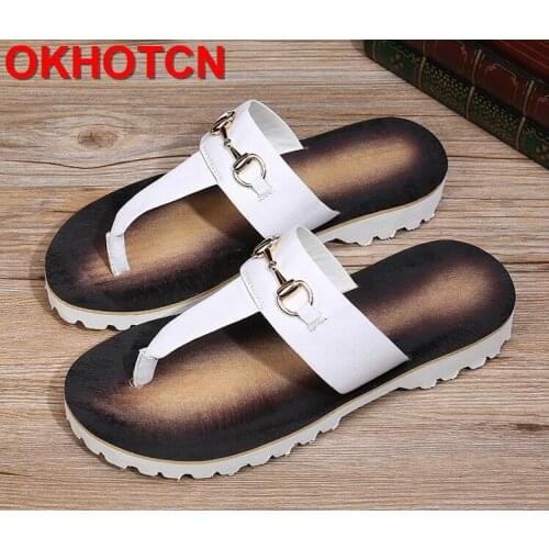 Men Leather Slippers Summer Sandals Solid Outdoor Slippers Fashion Men Filp Flops With Chain Casual Men Sandals Beach Shoes Big