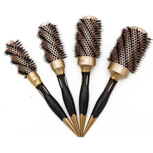 New Handle Gold Hair Round Ceramic Brush Boar Bristle Hairdressing Thermal Brush For Hair Curling Aluminum Barrel Comb 4 Sizes