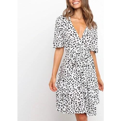 2021 Spring And Summer New Leopard Print Dress Sexy V-Neck Tie Short-Sleeved Ruffled High-waisted Dress Elegant Party Clothing