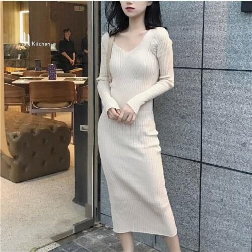 Korean Fashion Sweater Dress Women Knitted Sweaters Dresses Elegant Women High Waist Sweater Dress Plus Size Vestidos De Fiesta