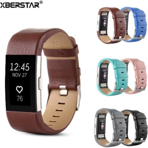 6Color Watchband Metal buckle Connector+Genuine Curled Edge Leather Strap watch belt bracelet band for Fitbit Charge 2 Wristband