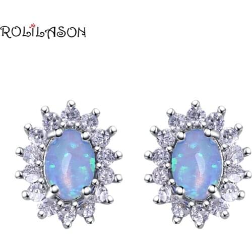 ROLILASON flower shape earrings 925 stamped silver white fire opal blue crystal classic wedding gift ladies exclusive OE775