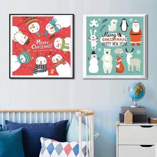 Cartoon Animals And Snowman Modern Nordic Art Print Poster Wall Picture Canvas Painting Kids Room Decoration Home Decor No Frame