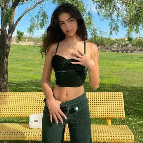 Unif Corset 90s Fashion Spaghetti Strap Velvet Cropped Tops E-girl Vintage Solid Backless Green Cami Top Y2K Aesthetic Partywear