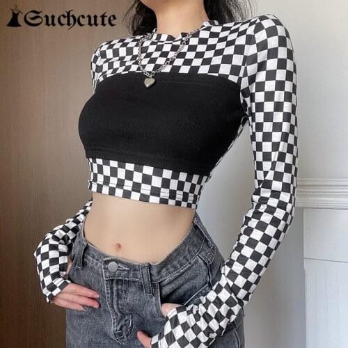 SUCHCUTE Gothic Plaid Patchwork T-shirts Women Long Sleeve Slim Punk Black Top Shirts Aesthetic Casual Girls Y2K Streetwear 90s