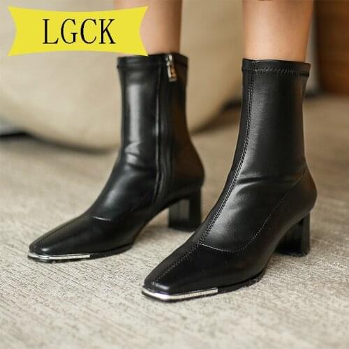Plus Size 34-39 Womens Sexy High Heels Fashion Boots Autumn Winter Fashion Leather Stretch Boots Women Black Zip Ankle Boots