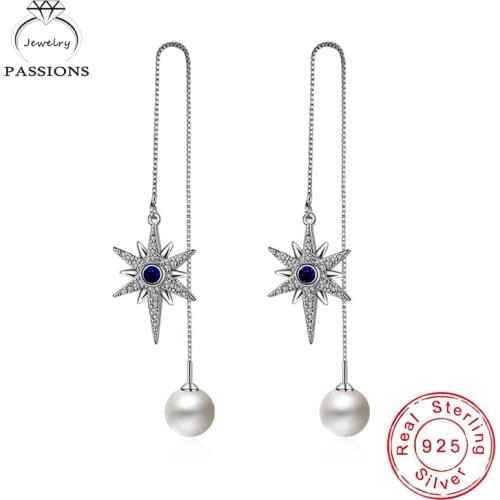Hot Sale Fashion 925 Sterling Silver Earrings Star Pearl Ear Wire Drop Earrings Maxi Brincos Women Tassel Pendant Earings Gift