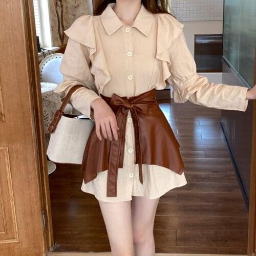 Korean Office Lady 2 Piece Set Autumn Womens Single-breasted Ruffles Shirt Dress + Lace-up Bow Leather Apron Two Piece Set Suit