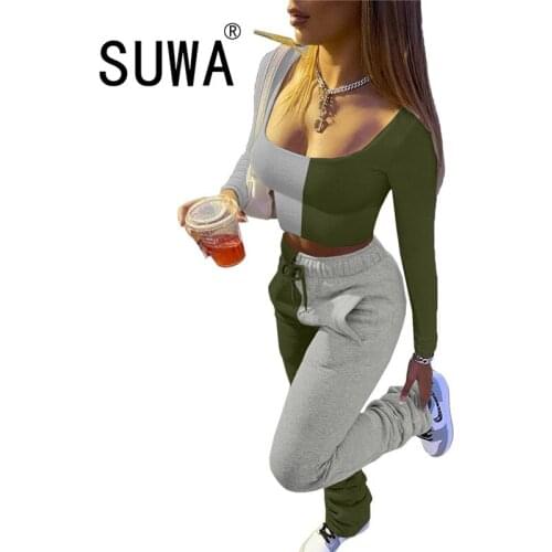 2 Color Patchwork Tracksuit Women 2 Piece Matching Sets Long Sleeve Pullover Top Tunic Stacked Legging Sweatpants