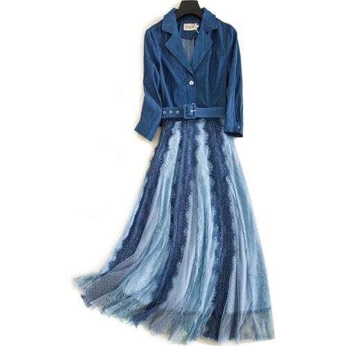 New Designer Women Dress Long Sleeve Turn Down Collar Lace Patchwork Denim Dress Female Sli Mid Long Casual Dress With Belt