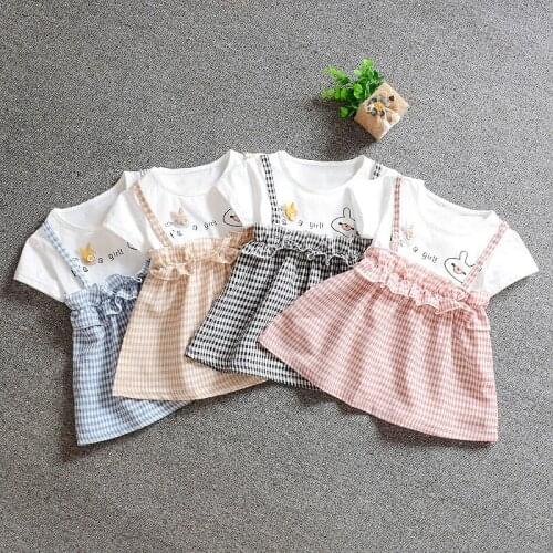 0-24M 1PC Children Baby Summer Girls Cute Plaid Fake Two Piece Bottoming Short Sleeved Sweet Casual Princess Dress