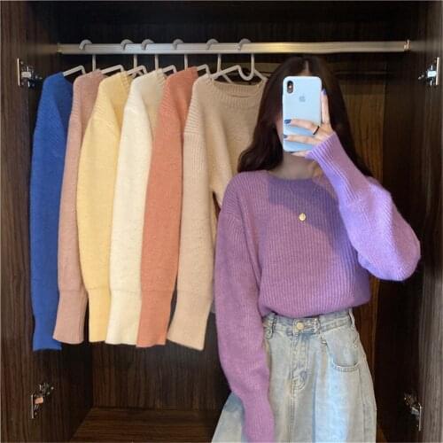 2021 Solid Pullovers Women Batwing Sleeve Candy Color Winter Japanese Style Trendy Retro Loose Slim Waist Knitted Sweater ZY5894
