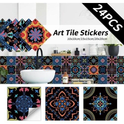 24pcs/Set Classical Flower Tile Wall Stickers Self Adhesive Waterproof Mural For Bathroom Restaurant Decoration Decal Wallpaper