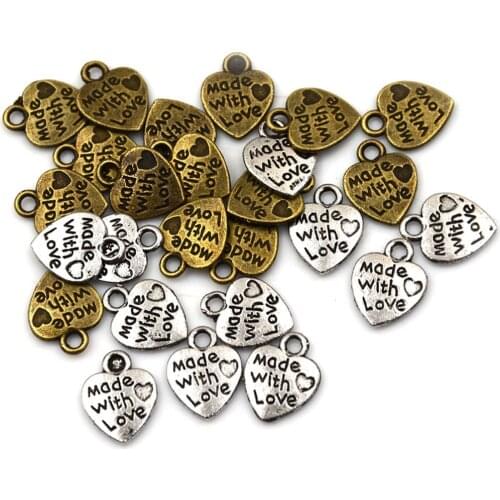 50pcs High Quality Hand MADE WITH LOVE Heart Charms Pendants Necklace Alloy Metal Beads For DIY Fashion Charms Jewelry Bracelet