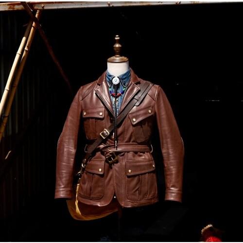 CDJ-70 Cidu Super Top Quality Army M65 Outerwear Genuine Italian Cow Leather & Deer Skin Long Coat Safari Jacket