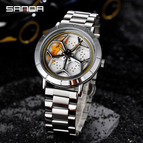SANDA Business Casual Car Rim Analog Men Watch Stainless Stee Waterproof Sports Quartz Watch 360 Degree Rotating Roulette Dial