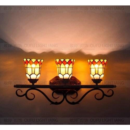 European style three head Tiffany color glass Wall lamp bar restaurant corridor Art Deco AC 110V/220V E27