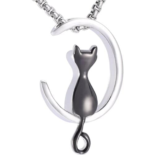 JJ001 CAT ON MOON Cremation Pendant&Necklace for Hold Ashes - Stainelss Steel Pet Ash Memorial Jewelry Funeral Casket