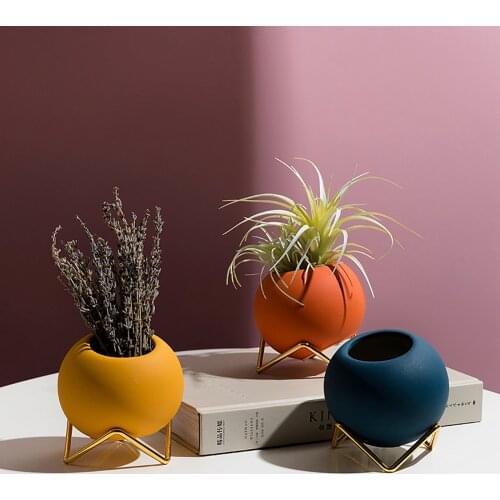 Ceramic Flowerpot with Electroplated Iron Frame Nordic Style Restaurant Desktop Succulent Decor Flower Pot Planting Container