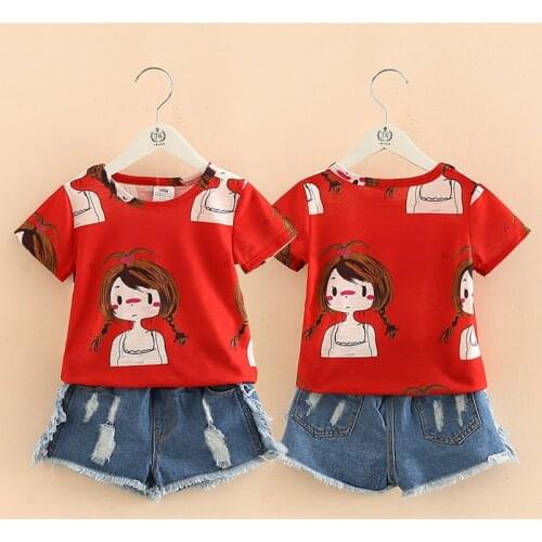 Girls Clothing Set O-neck Sleeveless 2021 Summer 2-10 Years Old Kids Girl Red Cartoon T Shirt+Denim Jeans Shorts 2 Pcs Suit Set