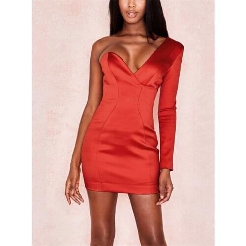 Red One Shoulder Long Sleeve V-Neck Mini Bodycon Celebrity Womens Dress Evening Party Dress