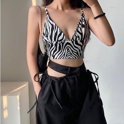 Sexy Tank Top Womens V-neck Fashion Zebra Striped Camisole Sleeveless Top Summer New Slim Halter Crop Tops Straps
