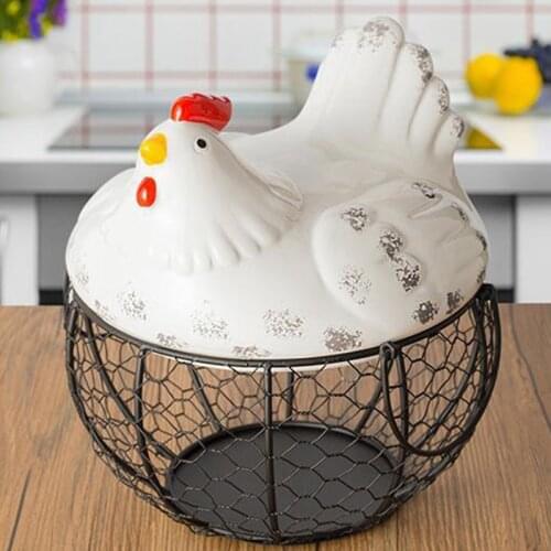 Metal Wire Basket with Ceramic Hens Cover Fruit Basket Egg Holder Decorative Kitchen Storage Baskets for Household Items ALI88