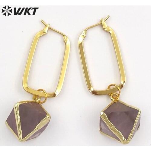 WT-E450 WKT Natural hexagonal rainbow fluorite fashion dangle earrings square earrings hook with gold metal plated elegant style