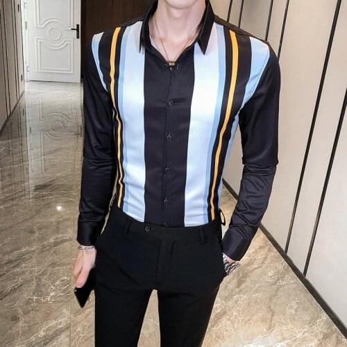 High Quality Black/Green Long Sleeve Striped Shirts for Men Clothing 2021 Simple Slim Fit Casual Club Prom Tuxedo Dress 3XL-M