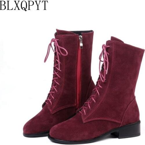 BLXQPYT New Sale Lage size 34-46 Autumn winter warm ankle boots women Round toe Lace up high heels wedding short boots c8-57